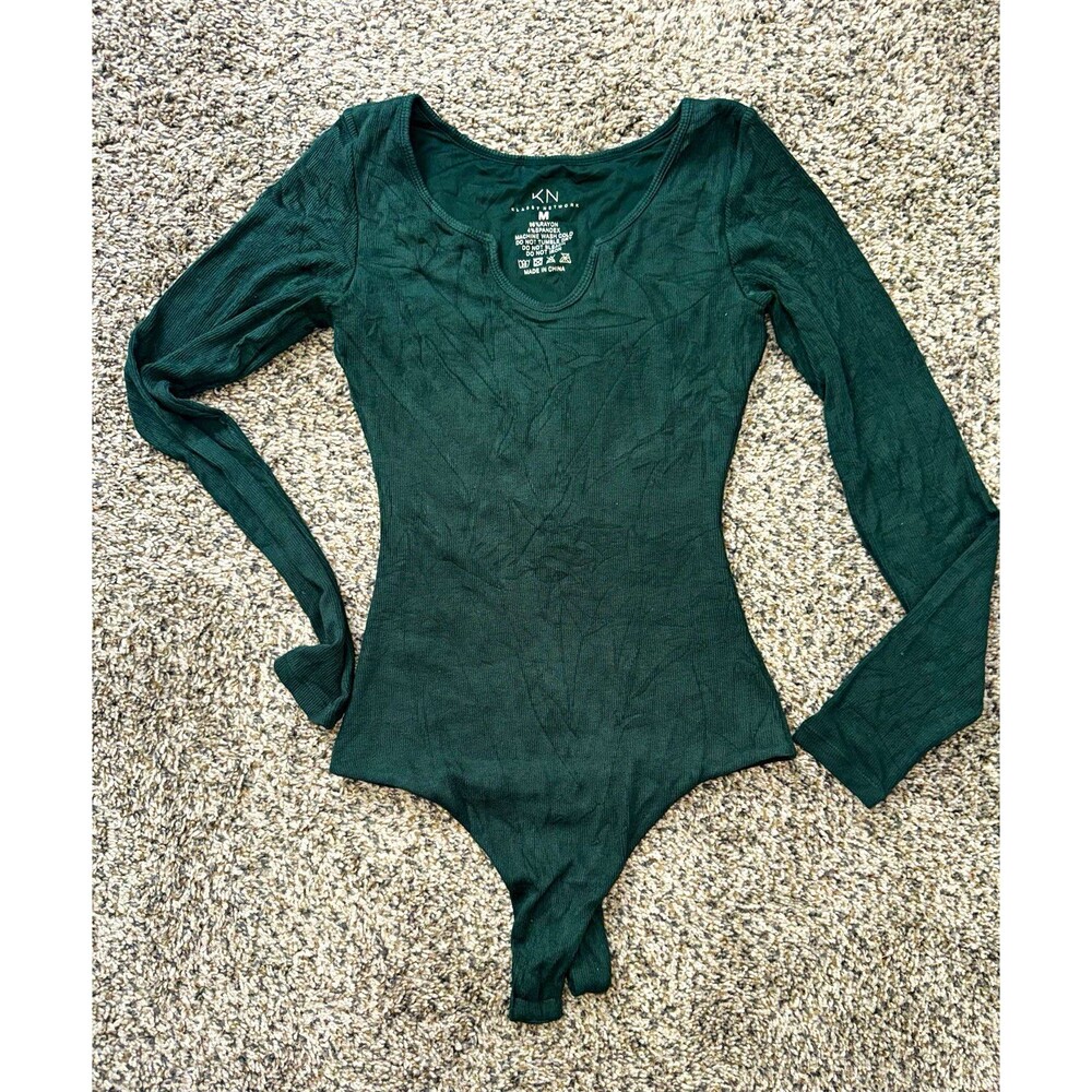Klassy Network Womenโs Green Long Sleeve Bodysuit One Piece Solid Size M